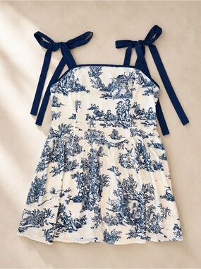 Blue Toile Tie Strap Babydoll Mini Dress Cottagecore Coquette Coastal SHEIN